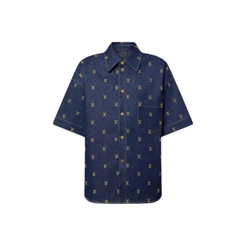 LOUIS VUITTON Embroidered Signature Short Sleeved Denim Shirt