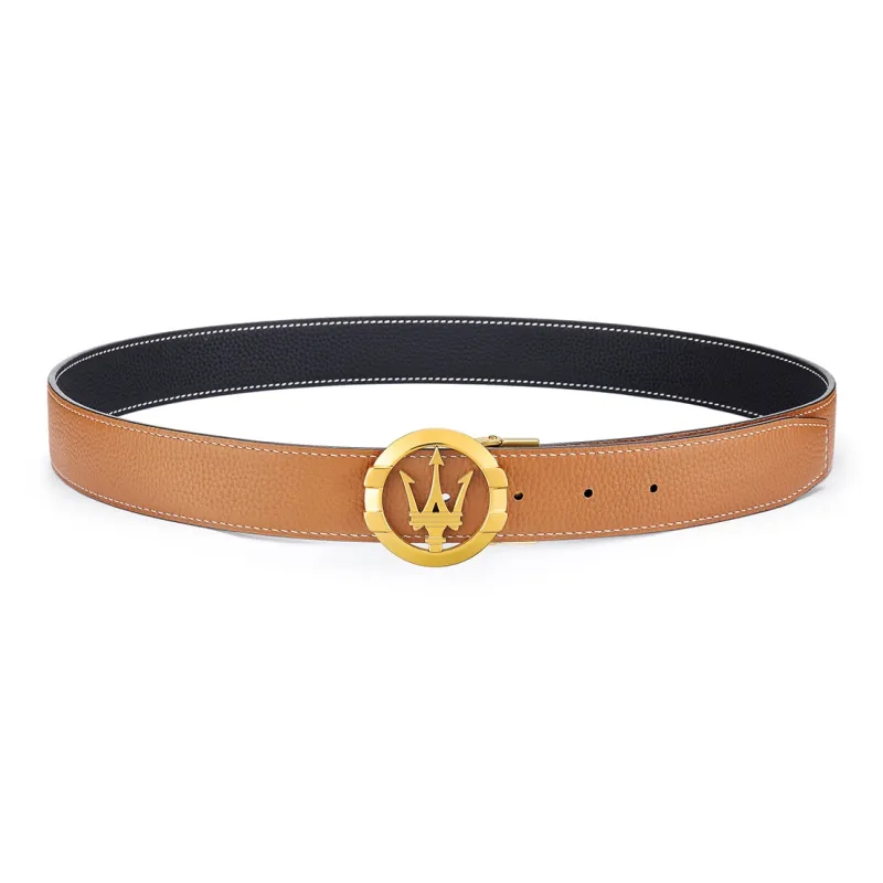 Maserati Top Grain Cow Leather Belts Men's Earth Yellow Width 3.4cm-7