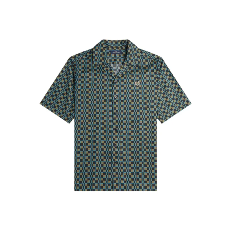 FRED PERRY Glitch Chequerboard Revere Collar Shirt Men's Green-0