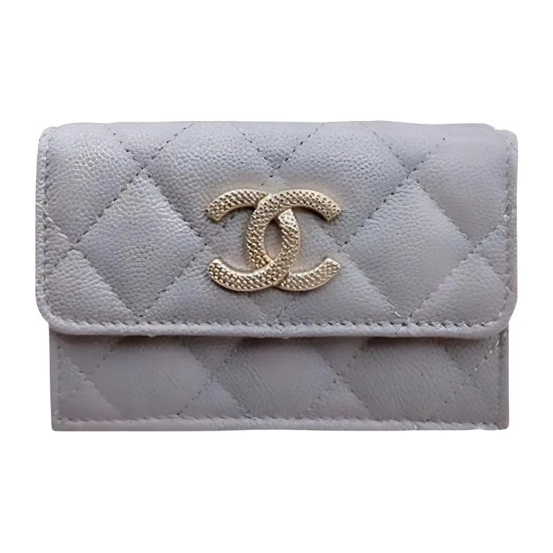 CHANEL Grained Calfskin Wallet Small Size Women's Light Gray-0