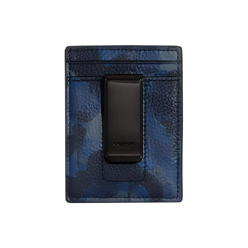 COACH Card Case Soft Polished Pebbled Leather Money Clip Card Holder Mini Women's Camouflage Blue-1
