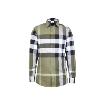 Burberry Mens Check Collar Long-Sleeve Shirt Olive Green