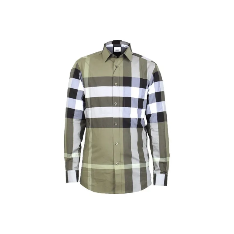 Burberry Mens Check Collar Long-Sleeve Shirt Olive Green-0