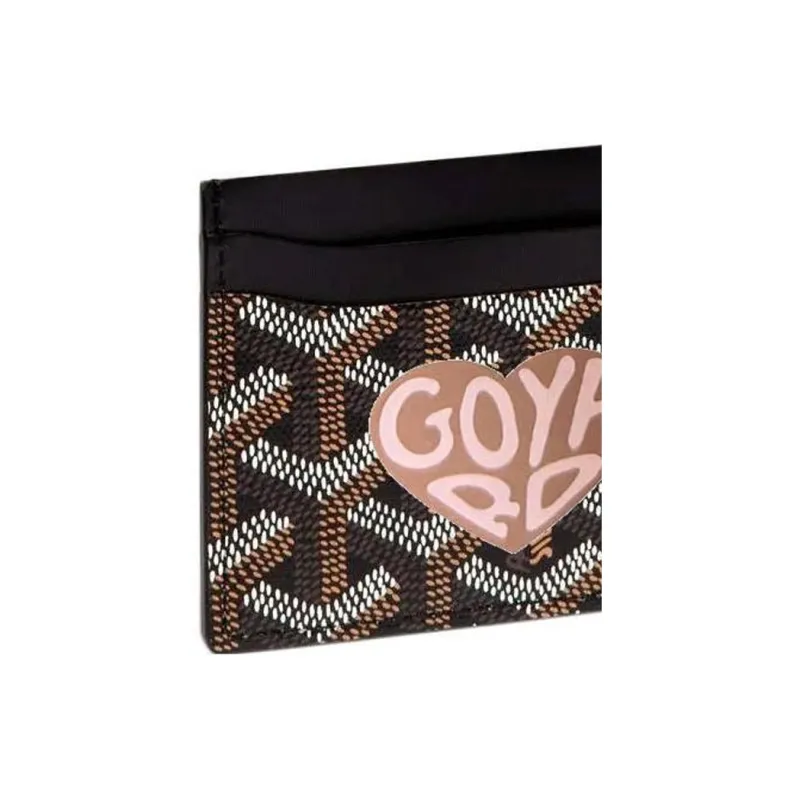 GOYARD Saint-Sulpice Canvas With Calfskin Card Clip Card Holder Unisex Black/Gray Pink Small Heart Design-4
