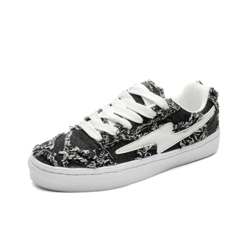 OUBT Lightning Design, Denim Frayed Edge Breathable And Slip Resistant Low Top Skateboard Shoes Unisex-9