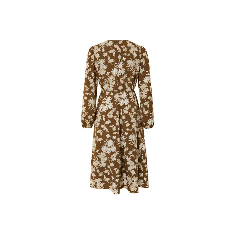 Hopeshow Long Sleeved Dresses Women's Coffee Floral-1