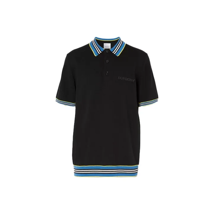 Burberry Mens Logo Stripe Casual Short Sleeve Polo Shirt Black-0