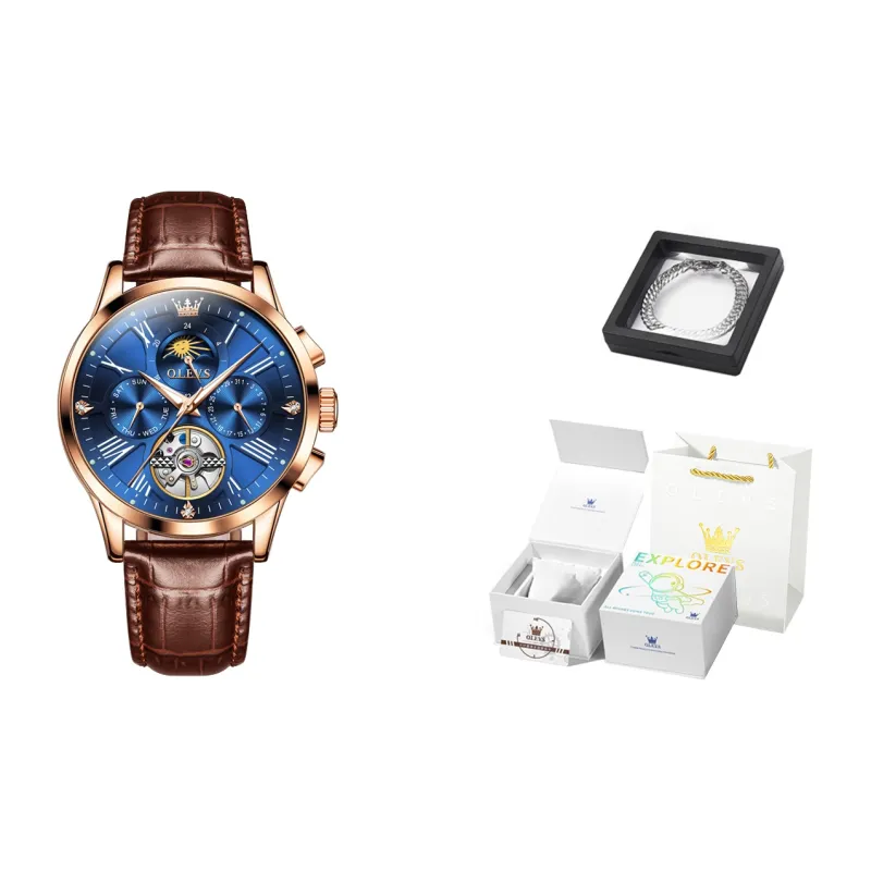 OLEVS Wisdom Series Mechanical Movement Leather Strap Watch Men's Watches Black Dial-31