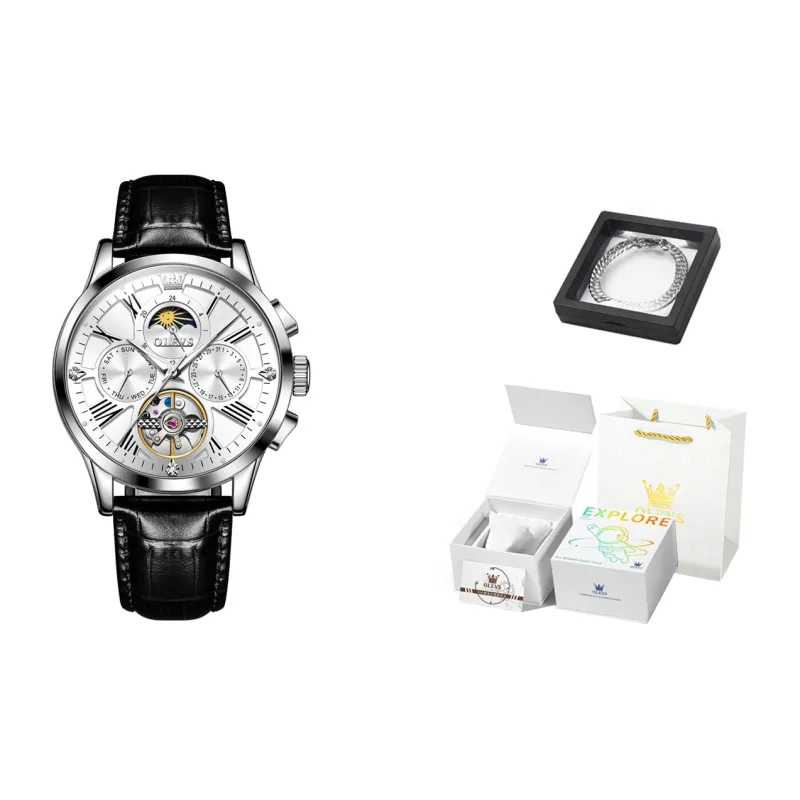 OLEVS Wisdom Series Mechanical Movement Leather Strap Watch Men's Watches Black Dial-32