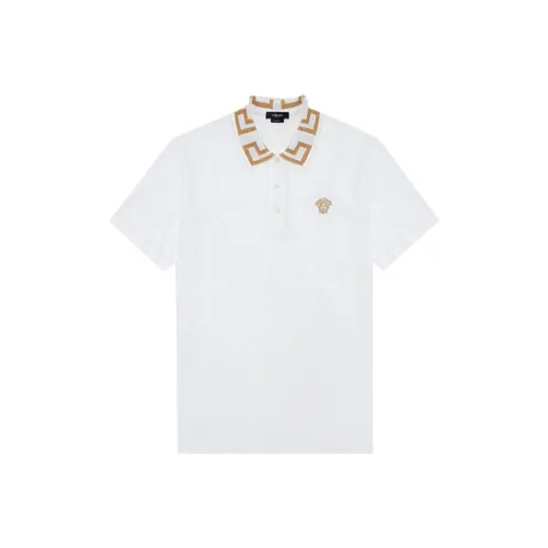 VERSACE SS21 Men Cotton Printed Short Sleeve Polo Shirt White