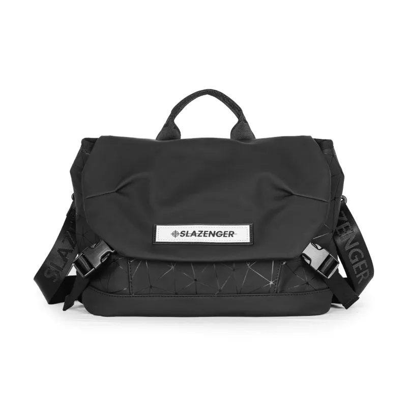 Slazenger PU Messenger Bag, Handbag, Crossbody Bag Unisex Black Diamond Pattern-0