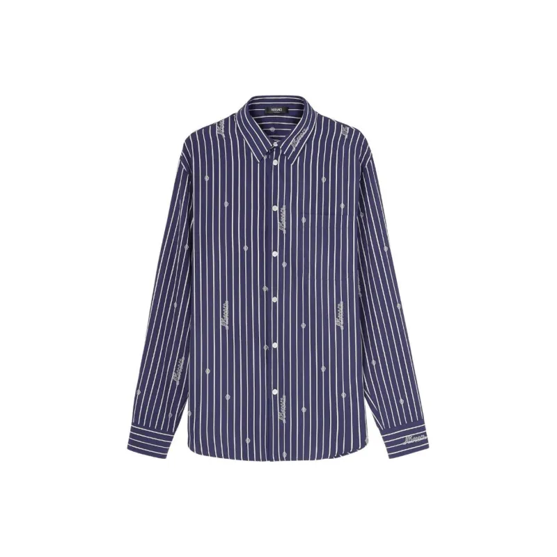 VERSACE Logo-Embroidered Button-Up Striped Shirt-0