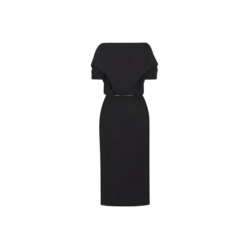 DIOR Wraparound Mid Length Dress Black Wool Crepe Short Sleeved Dress Women's Black-1