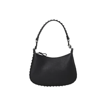 Valentino ROCKSTUD Grain Cow Leather Hobo Bag, Half Month Slanted, Single Shoulder Bag. Small Size Women's Black