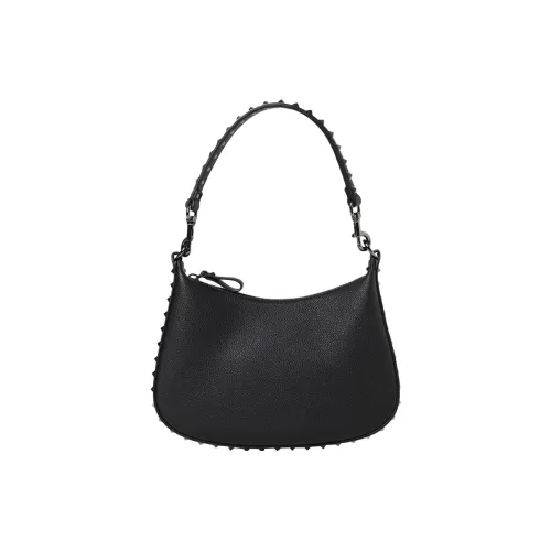 Valentino ROCKSTUD Grain Cow Leather Hobo Bag, Half Month Slanted, Single Shoulder Bag. Small Size Women's Black