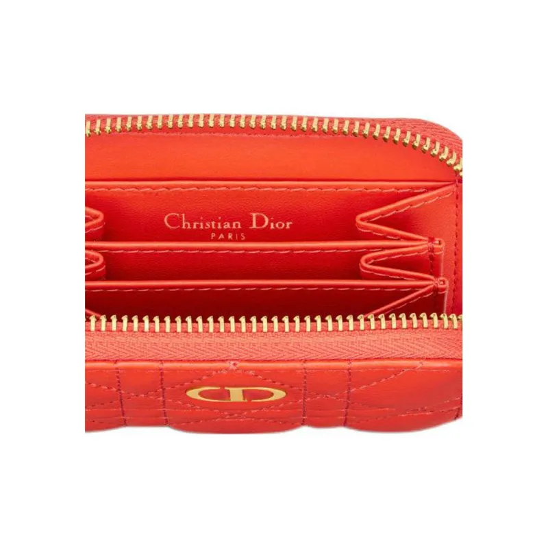 DIOR Caro Soft Calfskin Clutch Coin Purse With Card Holder Women's Bright Orange-4