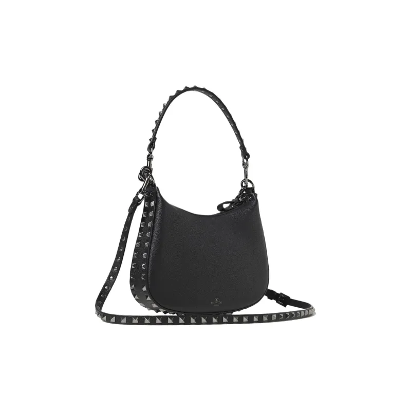 Valentino ROCKSTUD Grain Cow Leather Hobo Bag, Half Month Slanted, Single Shoulder Bag. Trumpets Women's Black-1