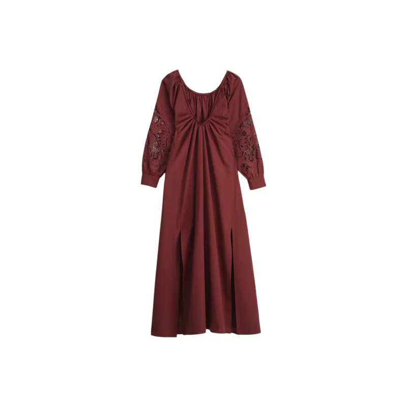 ZARA Long Sleeved Dresses Women's Dark Red Color-1