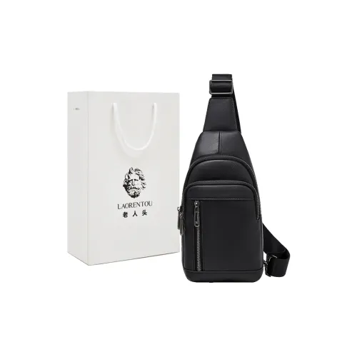Old Man's Head Top Grain Cow Leather Sling Bag Men's Black