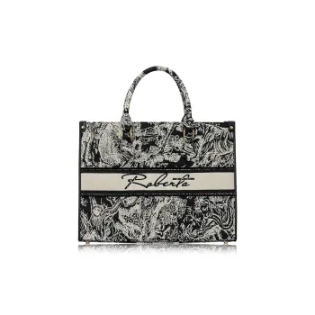 ROBERTA DI CAMERINO Fabric Tote Handbag Women's Black Jacquard Ecru/Ecru Jacquard Gold/Ecru Jacquard Silver