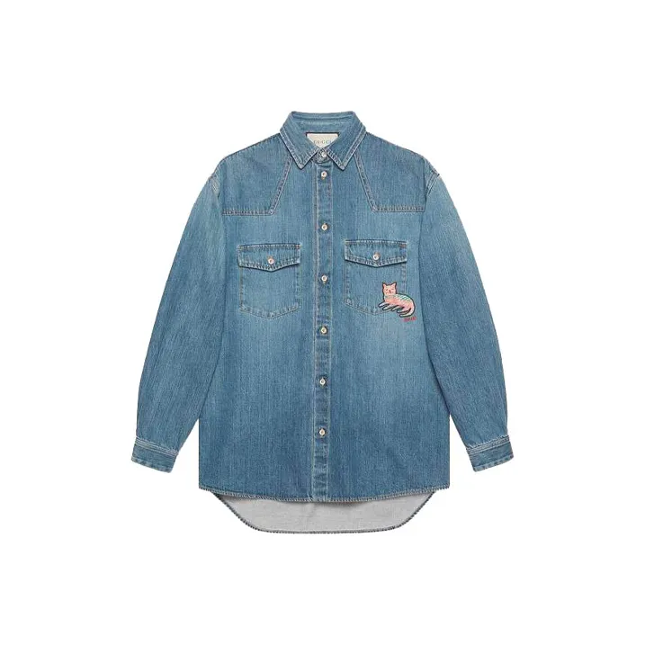 GUCCI Eco washed Cat patch Organic Denim Shirt-0