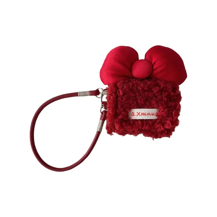 Kona Chun Compatibility AirPods1/2/3/4/PRO/PRO2 Plush Refreshing Solid Color Bowknot With Lanyard Headphone Cases-2
