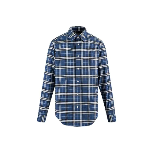 Burberry Men Grid Collar Button Down Long Sleeve Shirt Blue