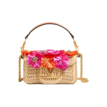 Valentino Locò Raffia One Shoulder Handbag Small Size Women's Natural & Red