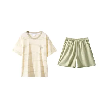 Urban Beauty Pajama Set Loungewear Short Sleeved Outerwear Ready Couple Stripes Basic Women's 2 Piece Set Light Green
