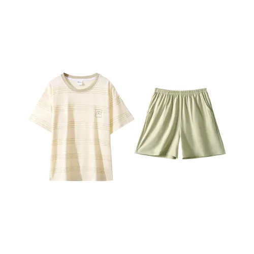 Urban Beauty Pajama Set Loungewear Short Sleeved Outerwear Ready Couple Stripes Basic Women's 2 Piece Set Light Green