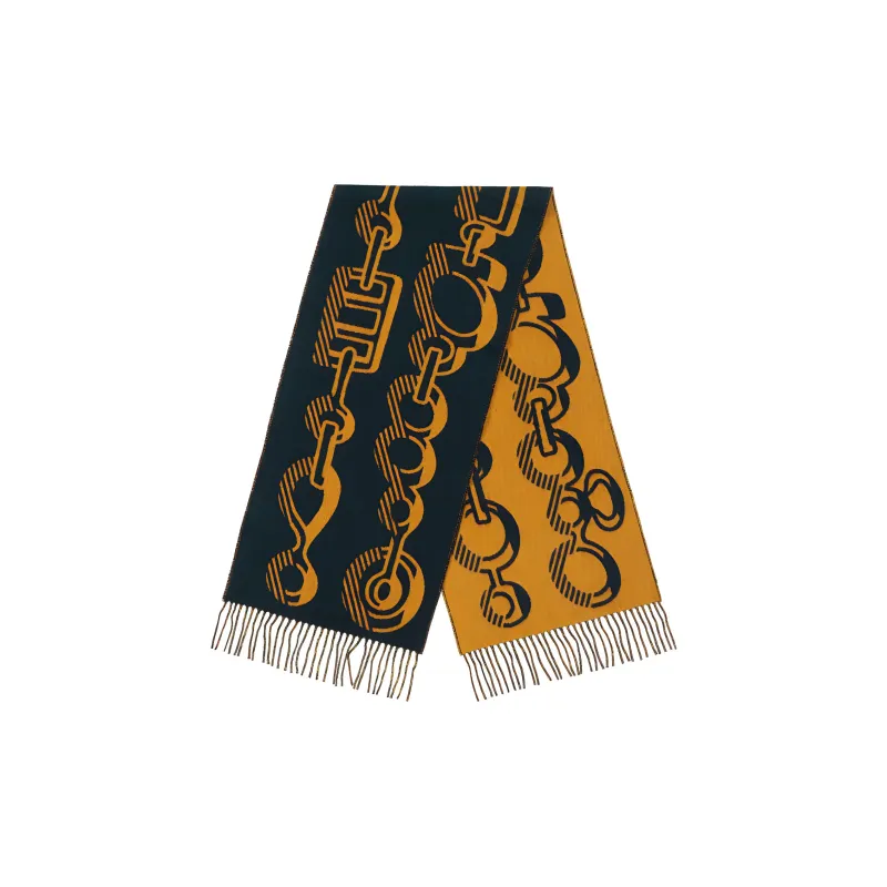 HERMES Cashmere Knit Scarves Women's Black Blue/Ochre Yellow-1