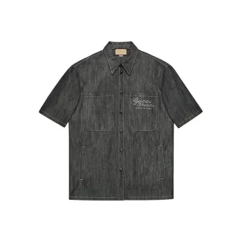 GUCCI Denim Shirt With Jacquard Detail Shirt Men's Dark Blue