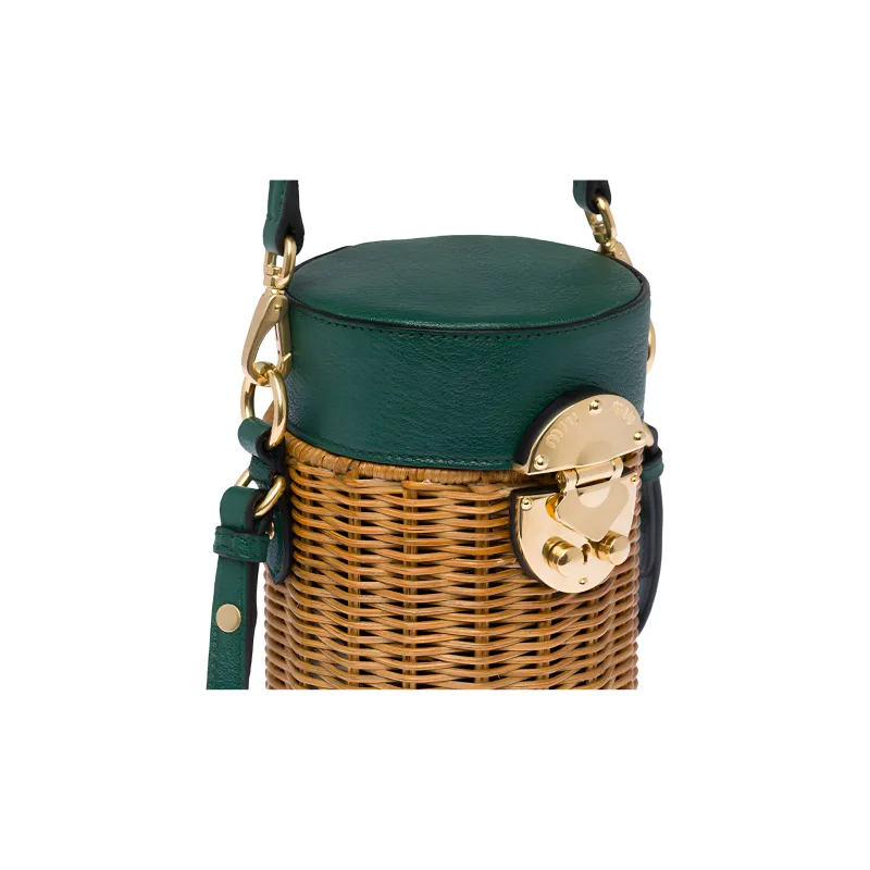 MIU MIU Wicker Shoulder Bag Women's Honey Billiards Green-3