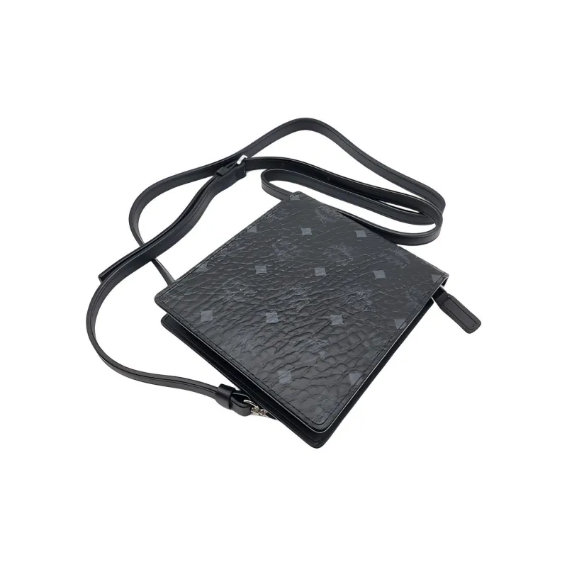 MCM Essential Visetos Origina Leather Shoulder Bag, Cell Phone Pouch, Crossbody Bag Men's Black Gray Monogram-2