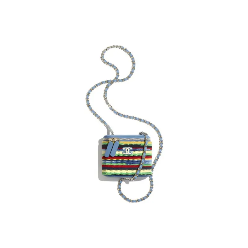 CHANEL Embroidery Velour And Metal Square Box Clutch Trumpets Women's Blue & Multicolor-2