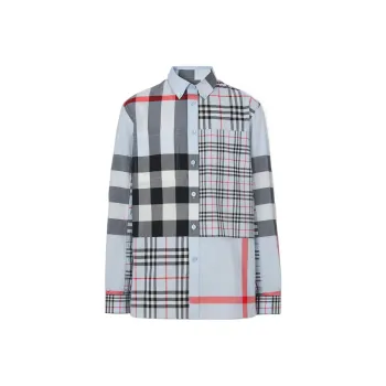 Burberry SS22 Mens Panelled Check Collar Long-Sleeve Shirt Blue
