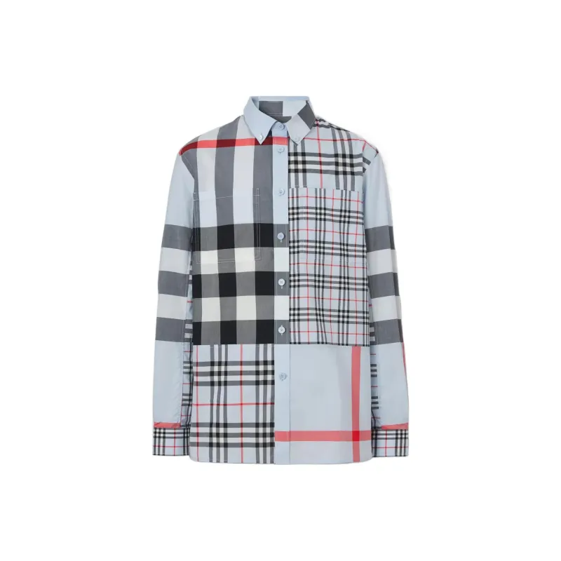 Burberry SS22 Mens Panelled Check Collar Long-Sleeve Shirt Blue-0