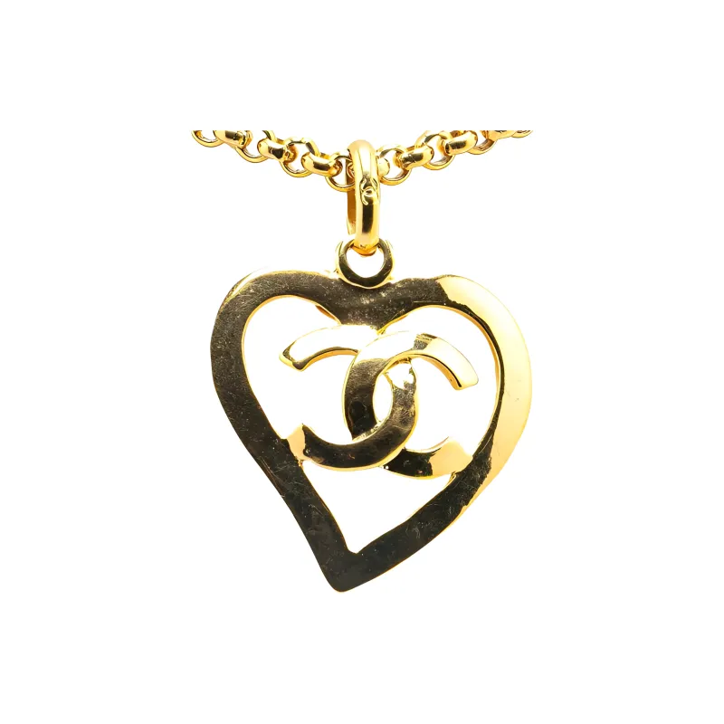 CHANEL 1995 Plated Cc Heart Pendant Necklace Costume Necklace-1