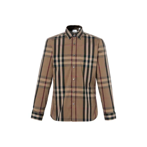 Burberry Check Point Collar Single Breasted Long Sleeve Shirt Brown