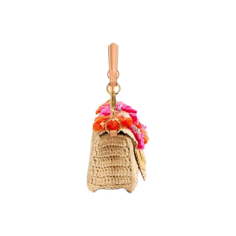 Valentino Locò Raffia One Shoulder Handbag Small Size Women's Natural & Red-2