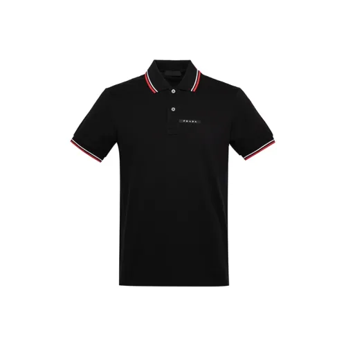 PRADA Men's Logo Patch Short Sleeve PK Shirt Black