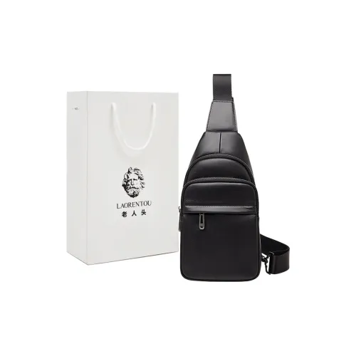 Old Man's Head Top Grain Cow Leather Sling Bag Men's Black
