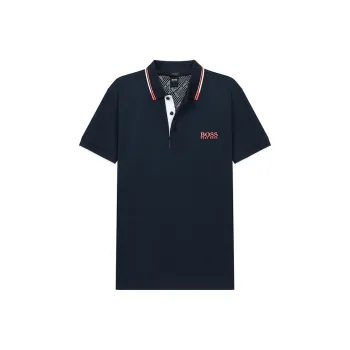 HUGO BOSS Short Sleeved Polo Shirt Men's Pink Text On Marine Blue Background
