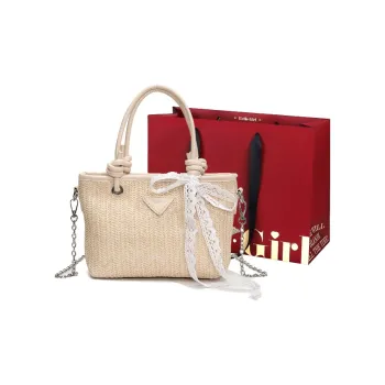 GOX PU Straw Woven Crossbody Handbag Women's Ecru/Pink/Khaki