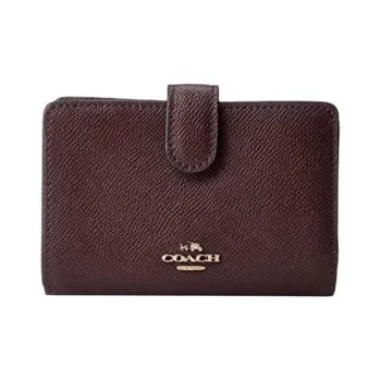 COACH Corner Zip Cross Grain Leather Wallet Women's Dark Brown