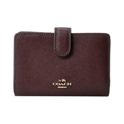COACH Corner Zip Cross Grain Leather Wallet Women's Dark Brown