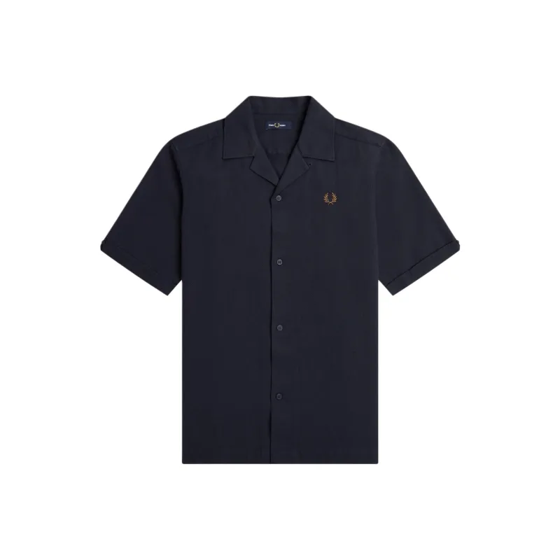 FRED PERRY Linen blend Revere Collar Shirt Men's Marine Blue-0