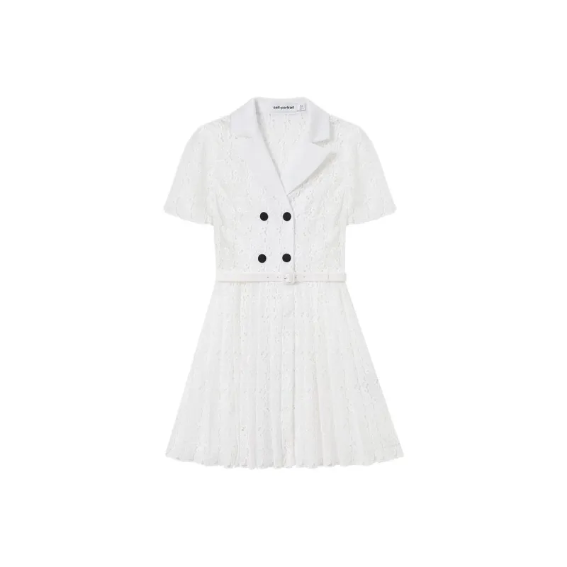 Self portrait Short Sleeved Dresses Women's Pure White-4