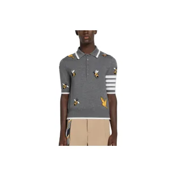 THOM BROWNE 4 Bar Birds Bee Intarsia Knitted Polo Shirt