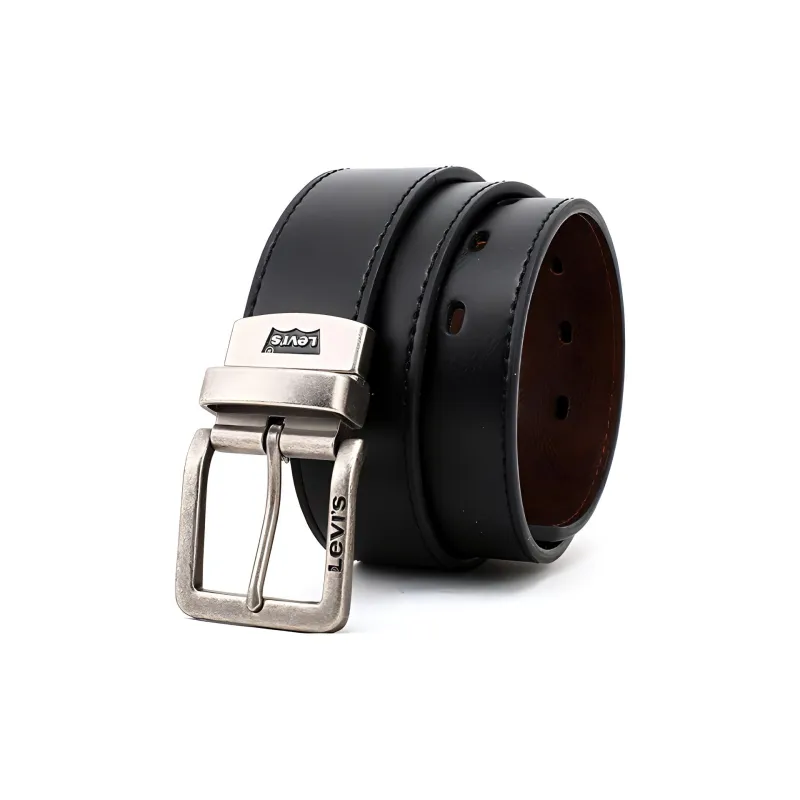 Levis Letter Logo Badge Pin Buckle Leather Belts Men's Black Width 3.7cm-2